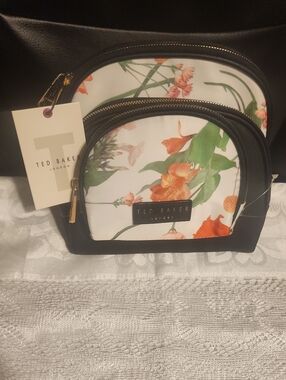 Ted Baker Black Floral Print Cosmetic Pouch Trio with Gold Hardware